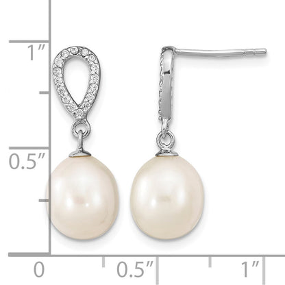 Sterlingsilber Rhodiniert 8-9mm Rice Fwc Perle Zirkonia Stecker Ohrhänger