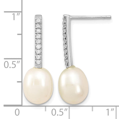 Sterlingsilber Rhodiniert 8-9mm Rice Fwc Perle Zirkonia Stecker Ohrhänger