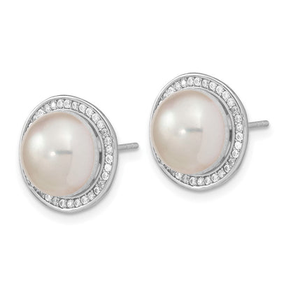 Sterlingsilber Rhodiniert 10-11mm Knopf Fwc Perle Zirkonia Ohrstecker