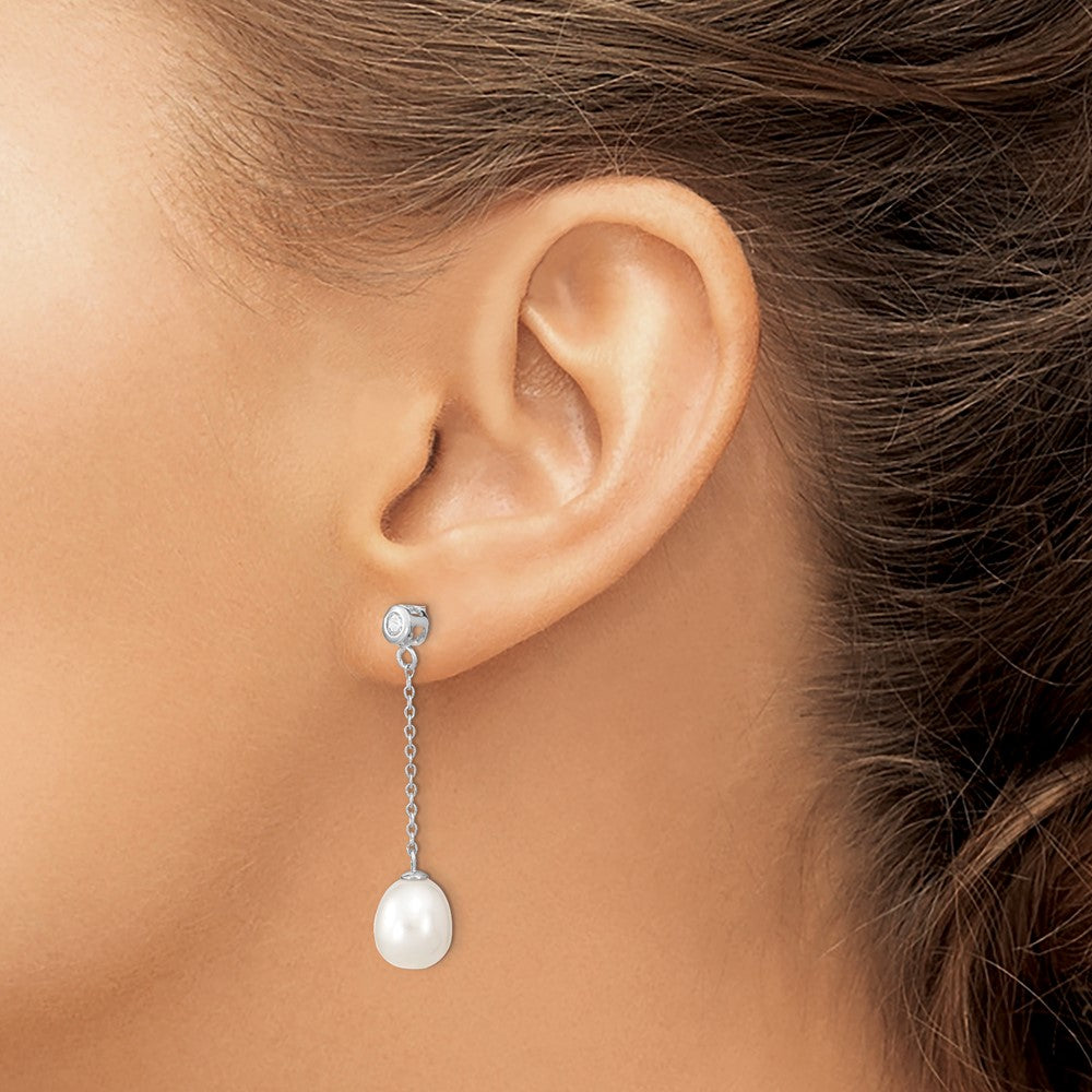 Sterlingsilber Rhodiniert 8-9mm Rice Fwc Perle Zirkonia Stecker Ohrhänger
