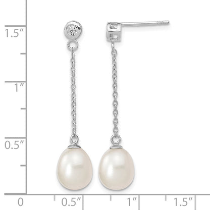 Sterlingsilber Rhodiniert 8-9mm Rice Fwc Perle Zirkonia Stecker Ohrhänger