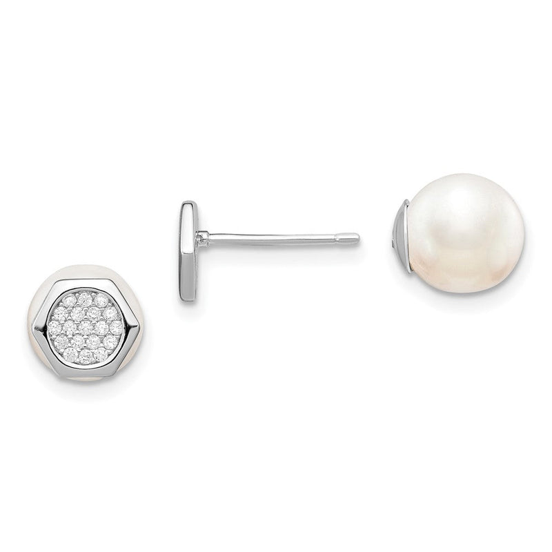 Sterlingsilber Rhodiniert Poliert Weiß 8-9mm Imititation Muschel Perle & Zirkonia Hexagon Wendbar Ohrstecker