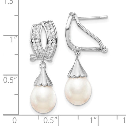 Sterlingsilber Rhodiniert 8-9mm Rice Fwc Perle Zirkonia Omega Rückseite Ohrringe