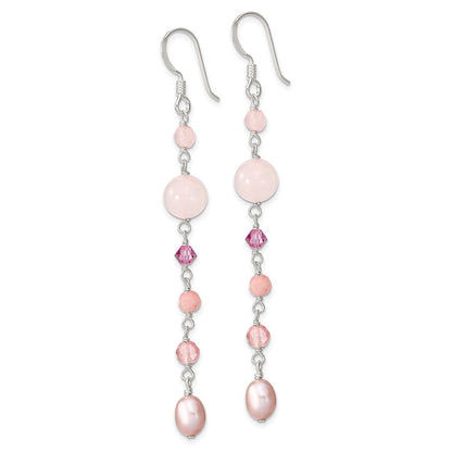 Sterlingsilber Poliert Rosa Fwc Perle, Jade, Rosaline, Cherry & Rose Quarz Ohrhänger