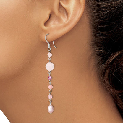 Sterlingsilber Poliert Rosa Fwc Perle, Jade, Rosaline, Cherry & Rose Quarz Ohrhänger