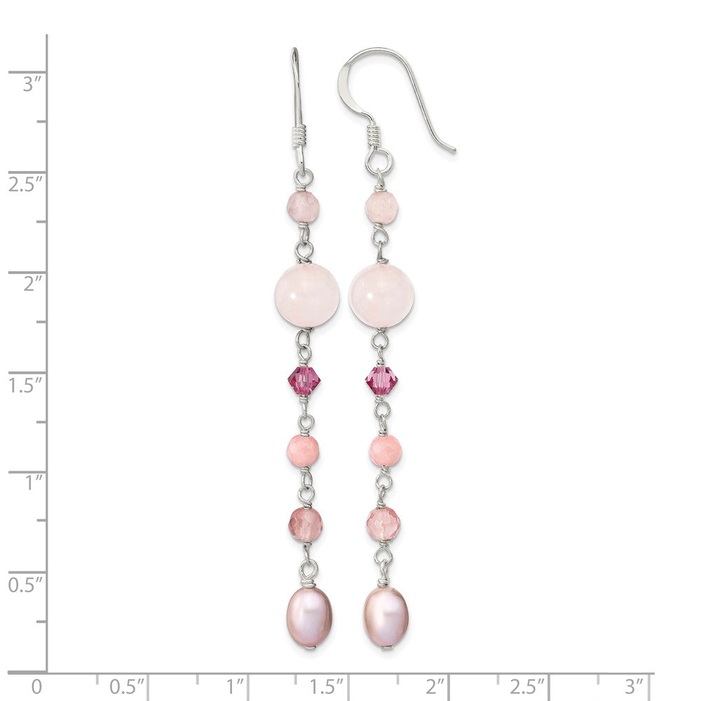 Sterlingsilber Poliert Rosa Fwc Perle, Jade, Rosaline, Cherry & Rose Quarz Ohrhänger