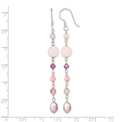 Sterlingsilber Poliert Rosa Fwc Perle, Jade, Rosaline, Cherry & Rose Quarz Ohrhänger