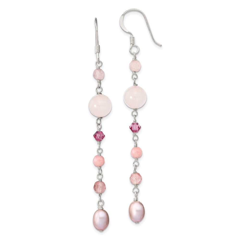 Sterlingsilber Poliert Rosa Fwc Perle, Jade, Rosaline, Cherry & Rose Quarz Ohrhänger