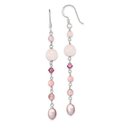 Sterlingsilber Poliert Rosa Fwc Perle, Jade, Rosaline, Cherry & Rose Quarz Ohrhänger