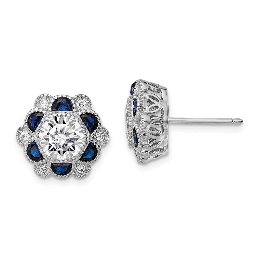Sterlingsilber Rhodiniert Blau Spinell und Zirkonia Blume Ohrstecker