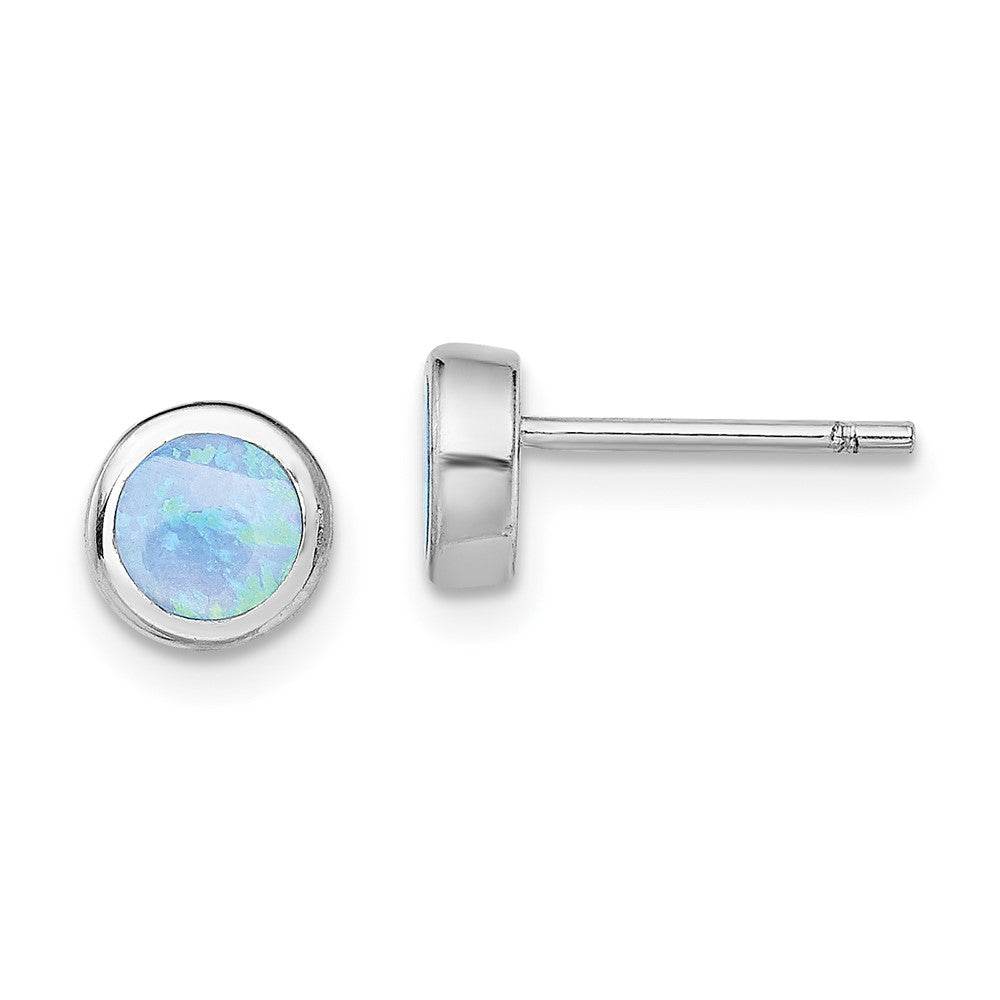 Sterlingsilber Rhodiniert Poliert Blau Erzeugt Opal Rund Ohrstecker