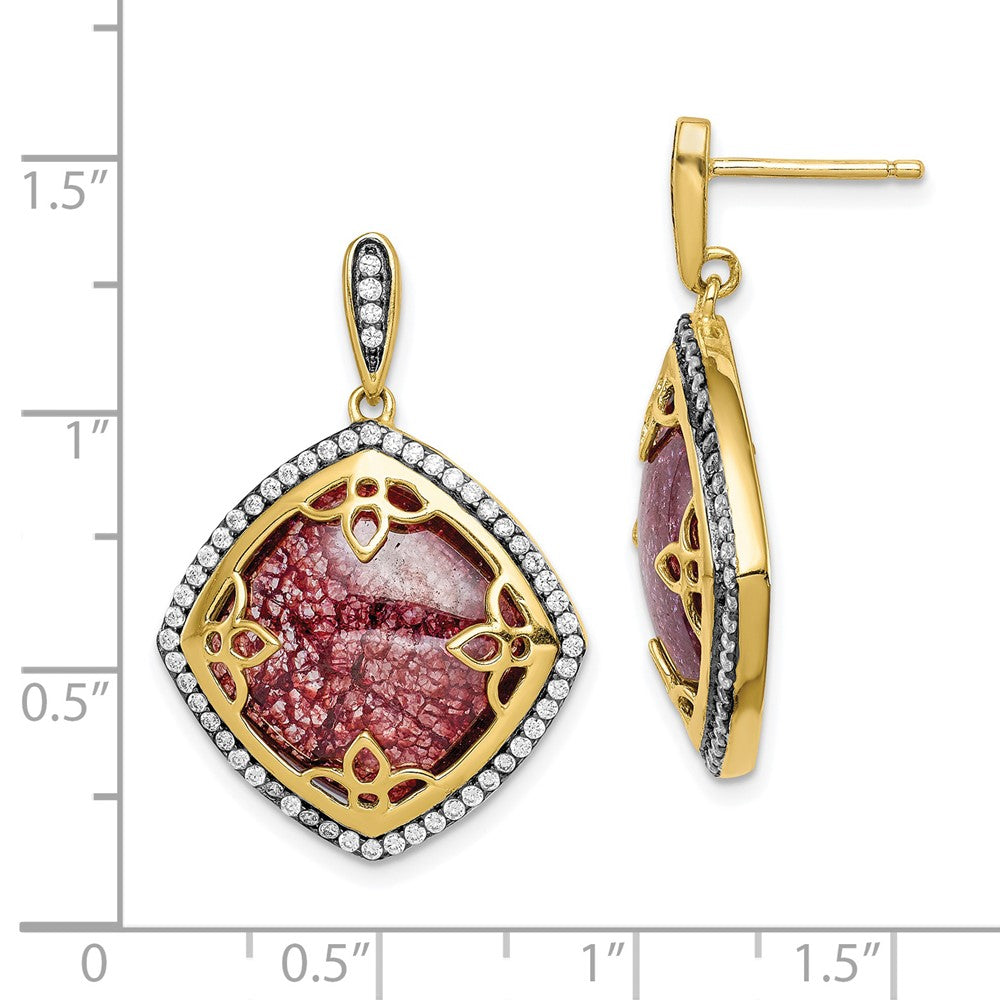 Sterlingsilber Goldfarben Zirkonia und Cracked Rot Hängend Ohrstecker