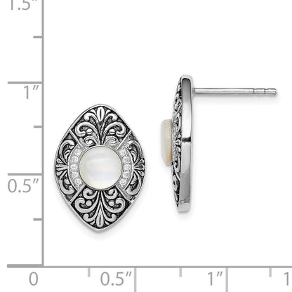 Sterlingsilber Rhodiniert Oxidiert Perlmutt und Zirkonia Ohrstecker