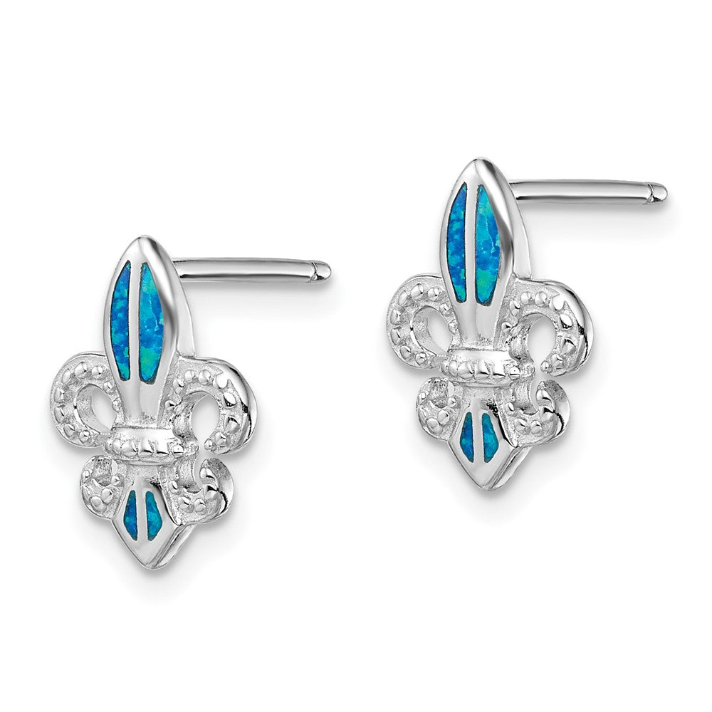 Sterlingsilber Rhodiniert Poliert & Gekugelt Blau Erzeugt Opal Fleur De Lis Ohrstecker