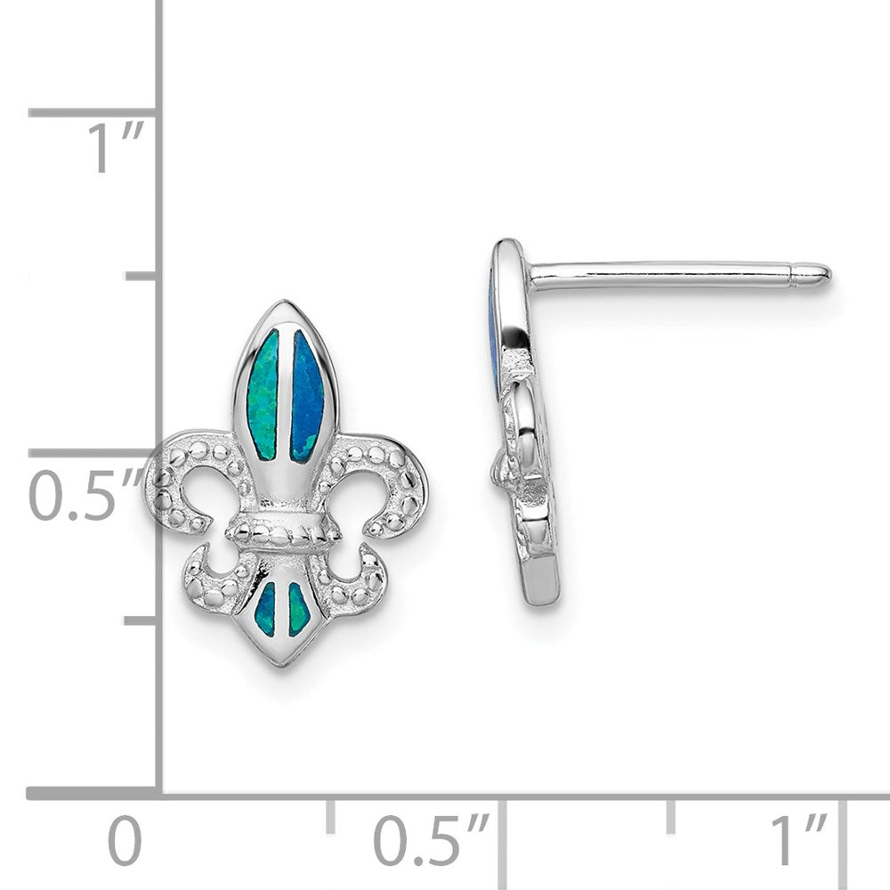 Sterlingsilber Rhodiniert Poliert & Gekugelt Blau Erzeugt Opal Fleur De Lis Ohrstecker