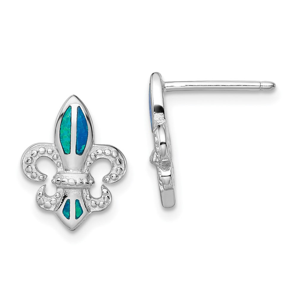 Sterlingsilber Rhodiniert Poliert & Gekugelt Blau Erzeugt Opal Fleur De Lis Ohrstecker