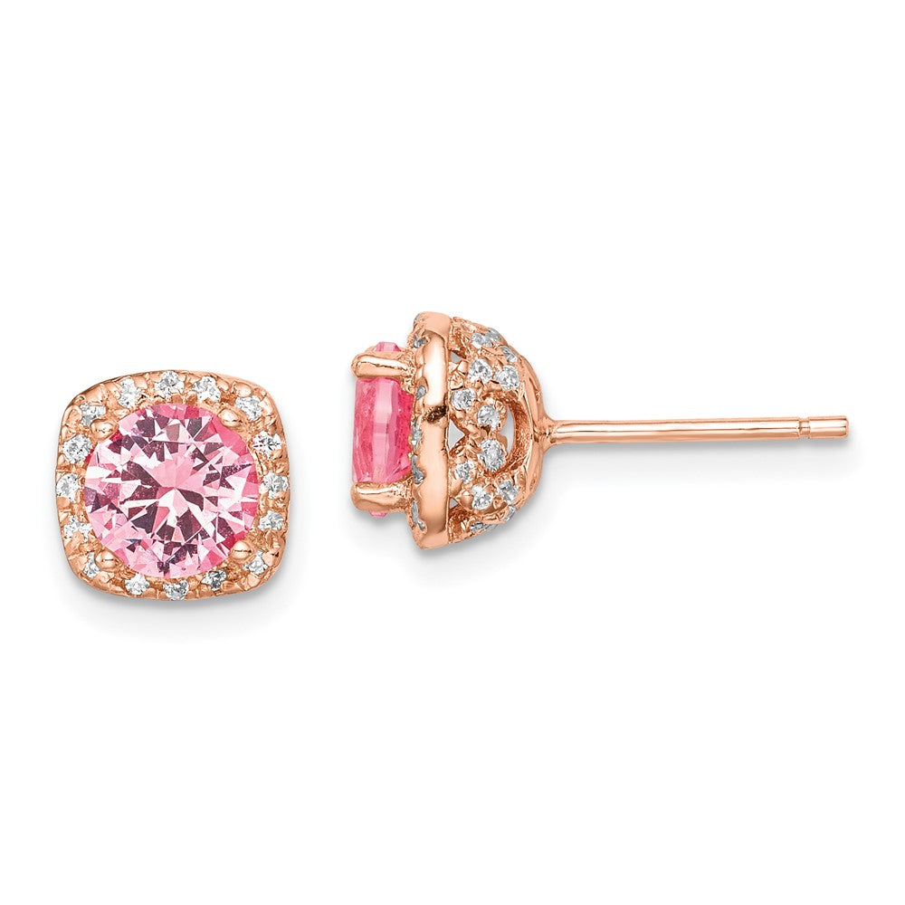 Sterlingsilber Roséfarben Quadratisch Rosa Kristall Mittig und Zirkonia Ohrstecker