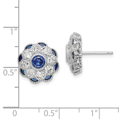 Sterlingsilber Rhodiniert Zirkonia und Synthetisch Blau Spinell Blume Ohrstecker