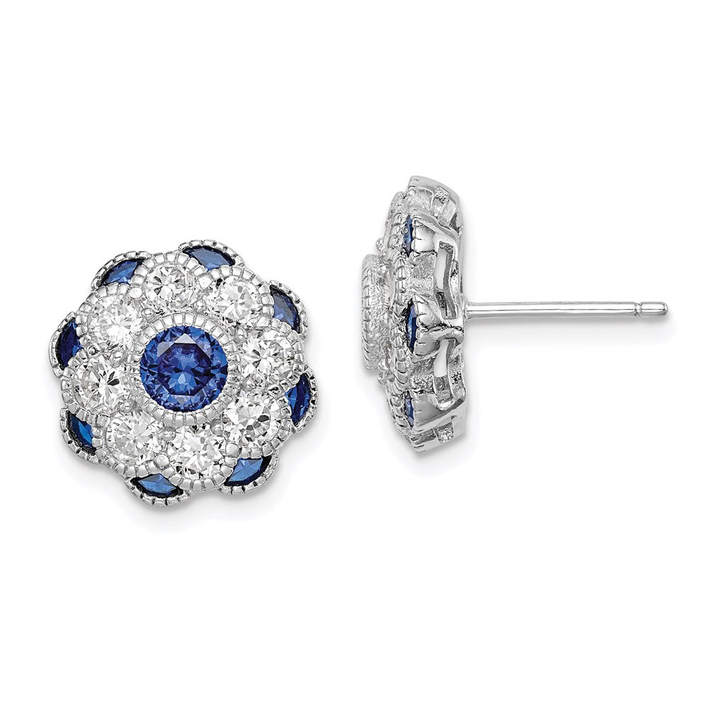 Sterlingsilber Rhodiniert Zirkonia und Synthetisch Blau Spinell Blume Ohrstecker