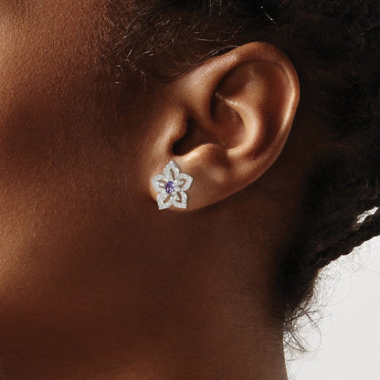 Sterlingsilber Lila und Klar Zirkonia Blume Ohrstecker