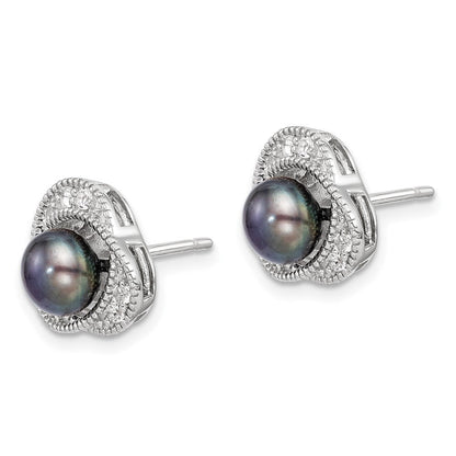 Sterlingsilber Poliert Schwarz 6-7mm Süßwasser Zuchtperle und Weiß Topas Ohrstecker
