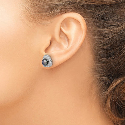 Sterlingsilber Poliert Schwarz 6-7mm Süßwasser Zuchtperle und Weiß Topas Ohrstecker