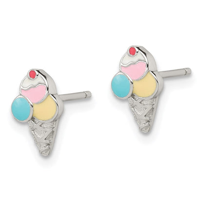 Sterlingsilber Rhodiniert Poliert & Strukturiert Mehrfarbig Emailliert Eis Cream Cone Kinder Ohrstecker