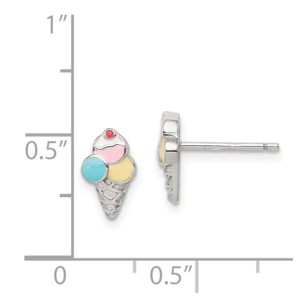 Sterlingsilber Rhodiniert Poliert & Strukturiert Mehrfarbig Emailliert Eis Cream Cone Kinder Ohrstecker