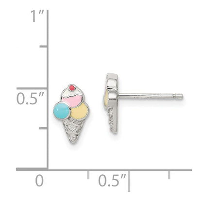 Sterlingsilber Rhodiniert Poliert & Strukturiert Mehrfarbig Emailliert Eis Cream Cone Kinder Ohrstecker