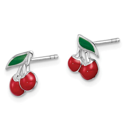 Sterlingsilber Rhodiniert Poliert Rot & Grün Emailliert Cherries Kinder Ohrstecker
