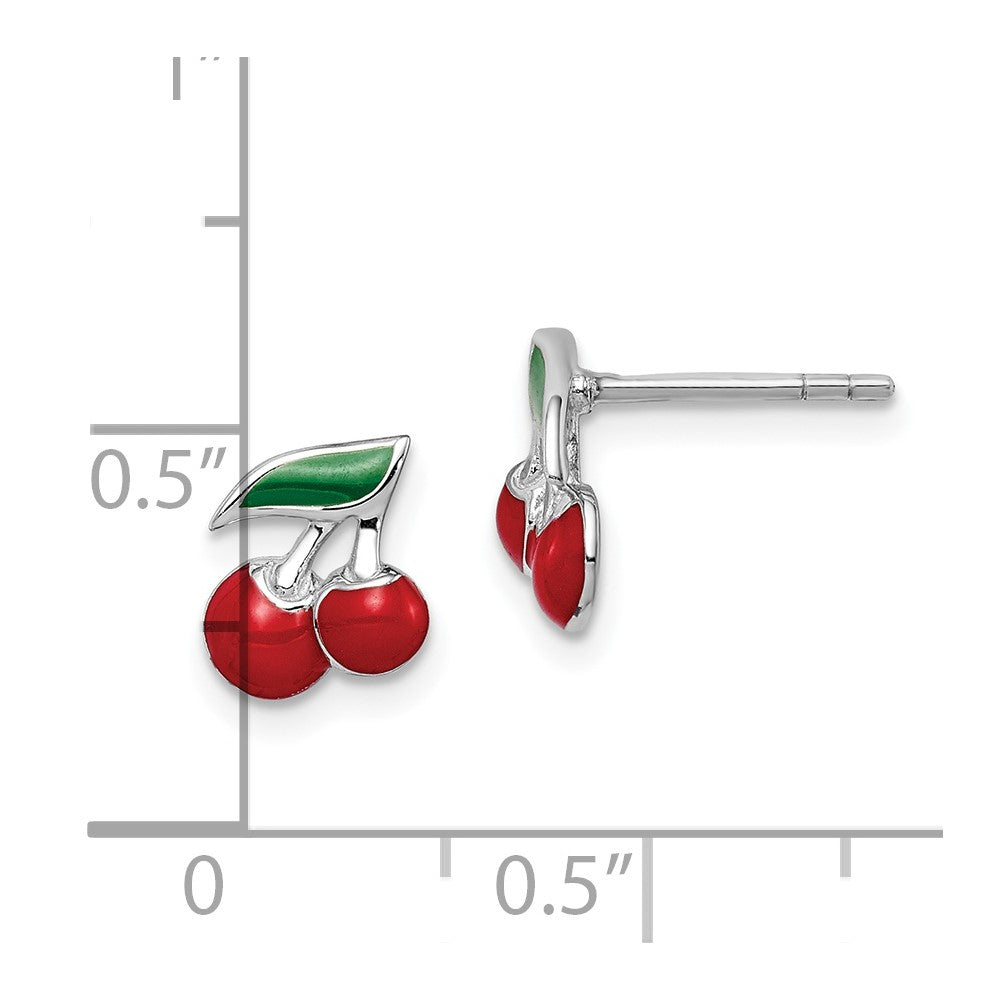 Sterlingsilber Rhodiniert Poliert Rot & Grün Emailliert Cherries Kinder Ohrstecker