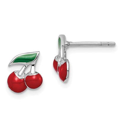 Sterlingsilber Rhodiniert Poliert Rot & Grün Emailliert Cherries Kinder Ohrstecker