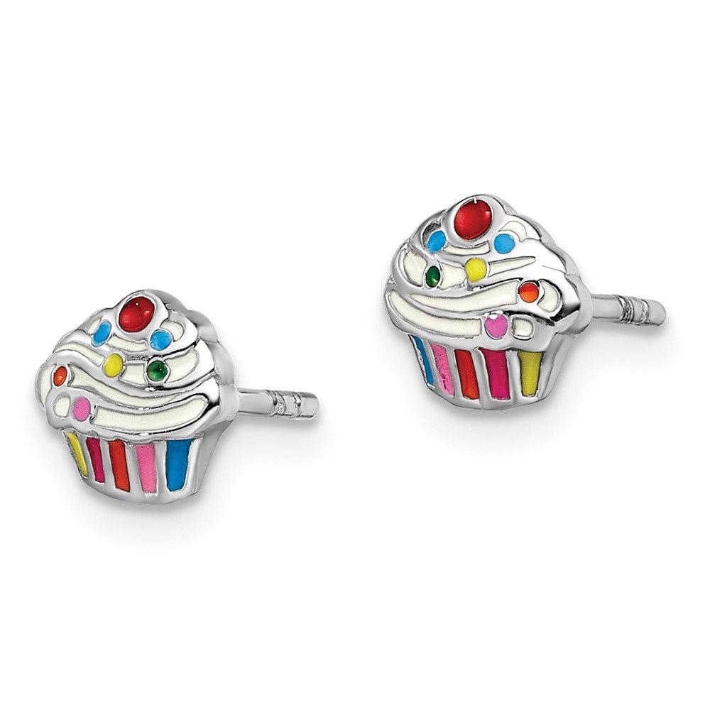 Sterlingsilber Rhodiniert Poliert & Mehrfarbig Emailliert Cupcake Kinder Ohrstecker