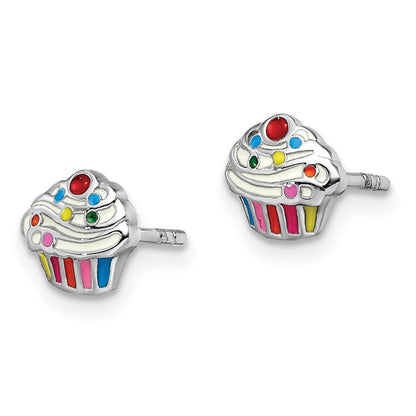 Sterlingsilber Rhodiniert Poliert & Mehrfarbig Emailliert Cupcake Kinder Ohrstecker