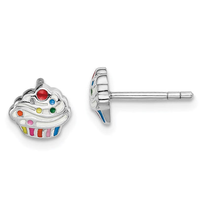 Sterlingsilber Rhodiniert Poliert & Mehrfarbig Emailliert Cupcake Kinder Ohrstecker