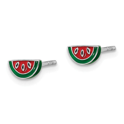 Sterlingsilber Rhodiniert Poliert & Mehrfarbig Emailliert Watermelon Kinder Ohrstecker
