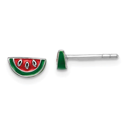 Sterlingsilber Rhodiniert Poliert & Mehrfarbig Emailliert Watermelon Kinder Ohrstecker