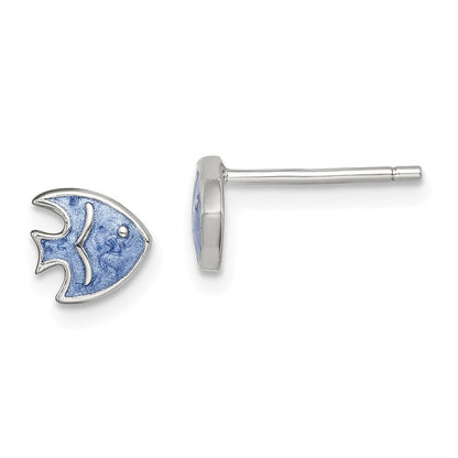 Sterlingsilber Rhodiniert Poliert Blau Emailliert Fisch Childs Ohrstecker