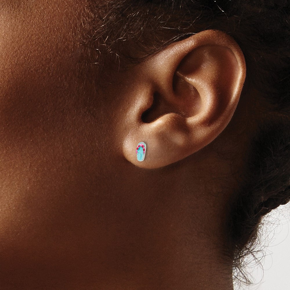 Sterlingsilber Poliert Teal & Rosa Emailliert Flip Flop Kinder Ohrstecker