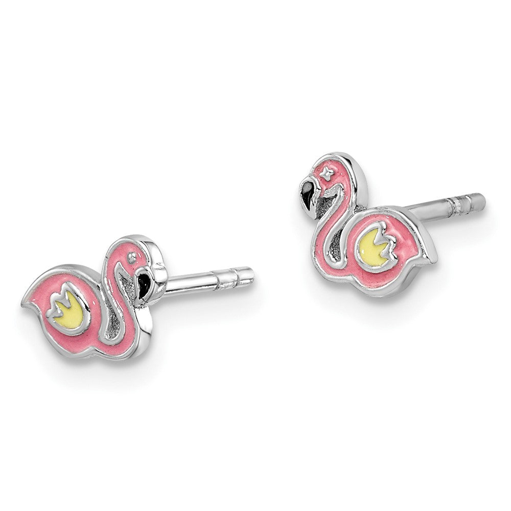 Sterlingsilber Rhodiniert Poliert & Mehrfarbig Emailliert Flamingo Kinder Ohrstecker