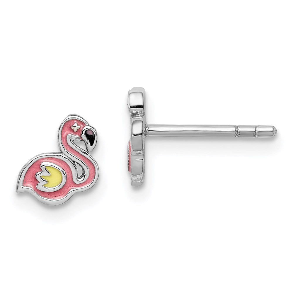 Sterlingsilber Rhodiniert Poliert & Mehrfarbig Emailliert Flamingo Kinder Ohrstecker
