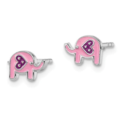 Sterlingsilber Rhodiniert Poliert Rosa & Lila Emailliert Elefant Kinder Ohrstecker