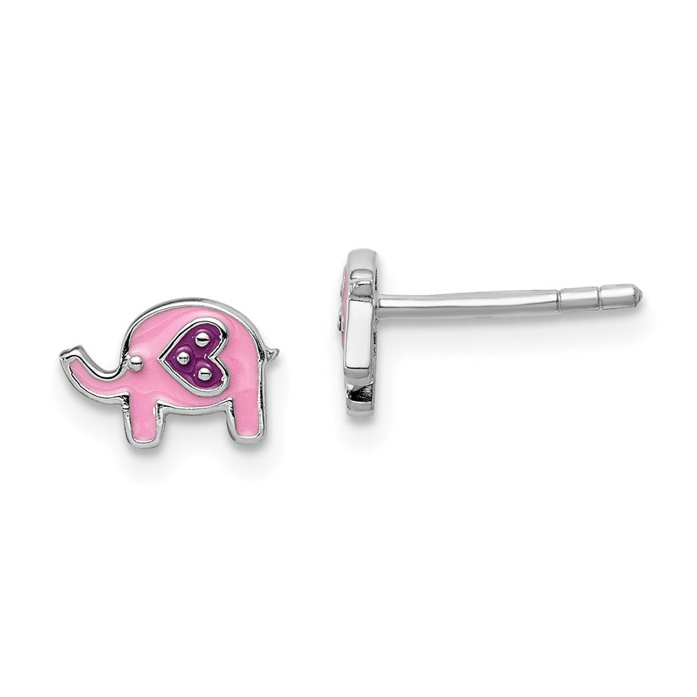 Sterlingsilber Rhodiniert Poliert Rosa & Lila Emailliert Elefant Kinder Ohrstecker