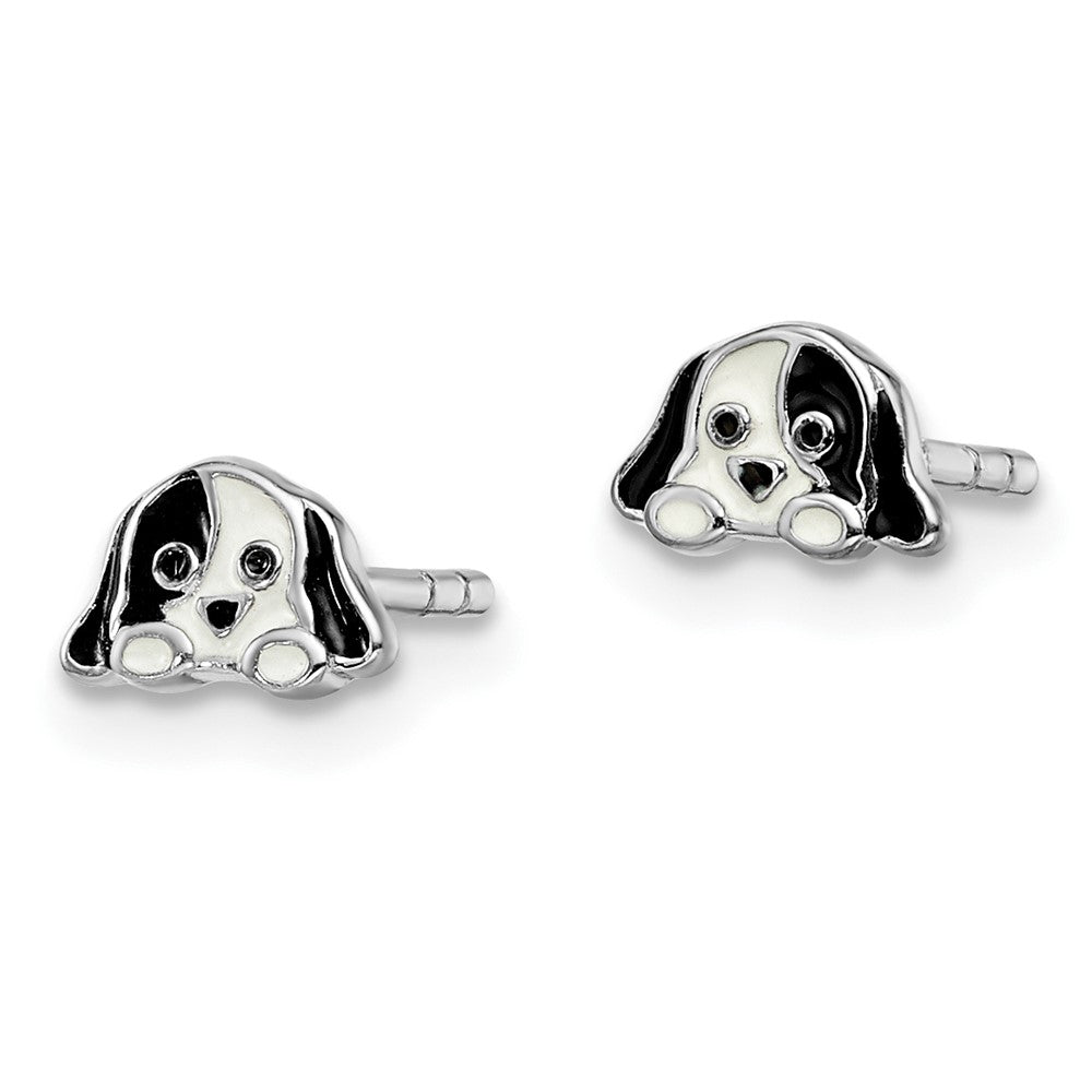 Sterlingsilber Rhodiniert Poliert Schwarz & Weiß Emailliert Puppy Kinder Ohrstecker