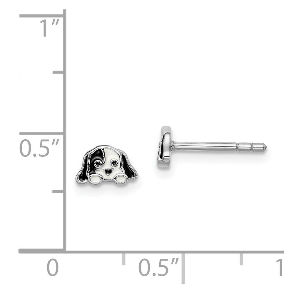 Sterlingsilber Rhodiniert Poliert Schwarz & Weiß Emailliert Puppy Kinder Ohrstecker