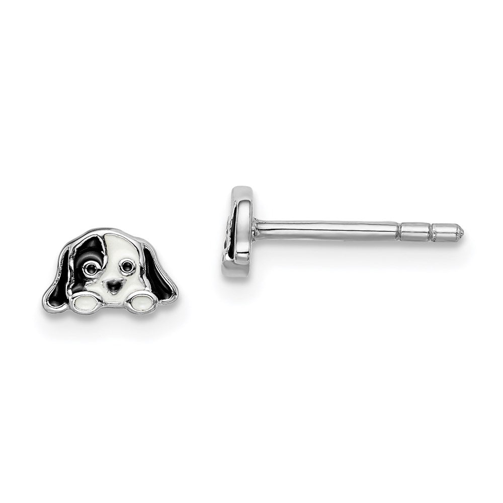 Sterlingsilber Rhodiniert Poliert Schwarz & Weiß Emailliert Puppy Kinder Ohrstecker