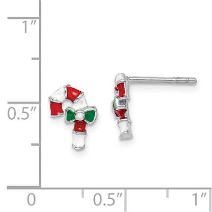 Sterlingsilber Rhodiniert Poliert Mehrfarbig Emailliert Candy Cane Kinder Ohrstecker