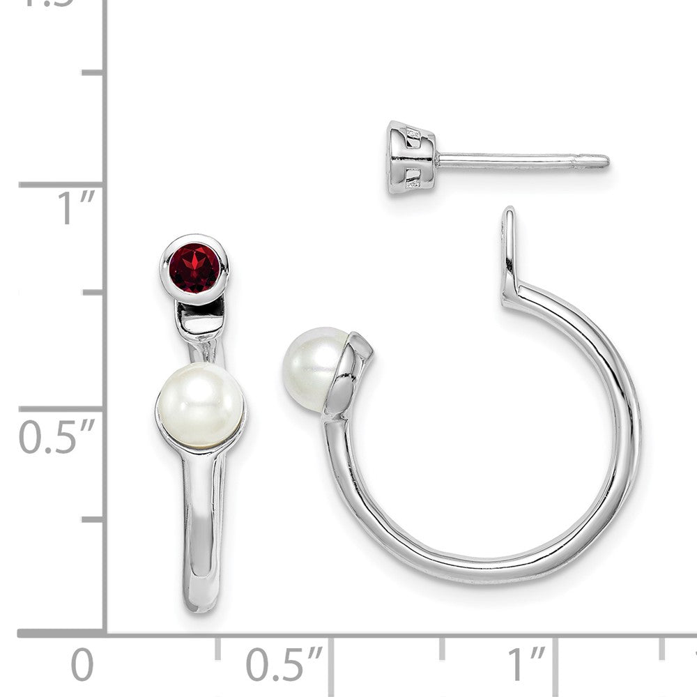 Sterlingsilber Rhodiniert Fwc Perle & Granat Vorderseite Rückseite Stecker Ohrring