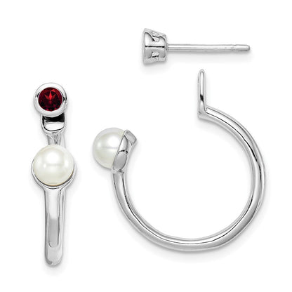 Sterlingsilber Rhodiniert Fwc Perle & Granat Vorderseite Rückseite Stecker Ohrring