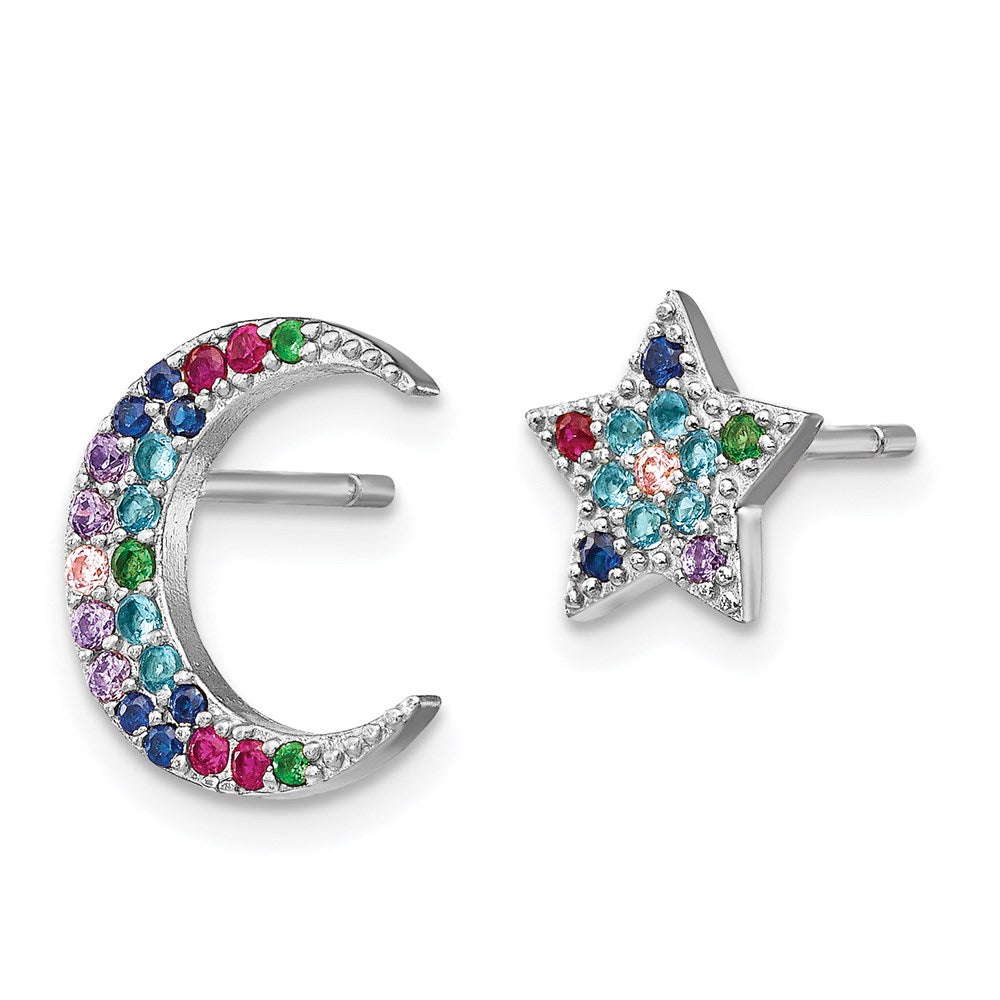 Sterlingsilber Prizma Rhodiniert Mond und Stern Bunt Zirkonia Ohrstecker